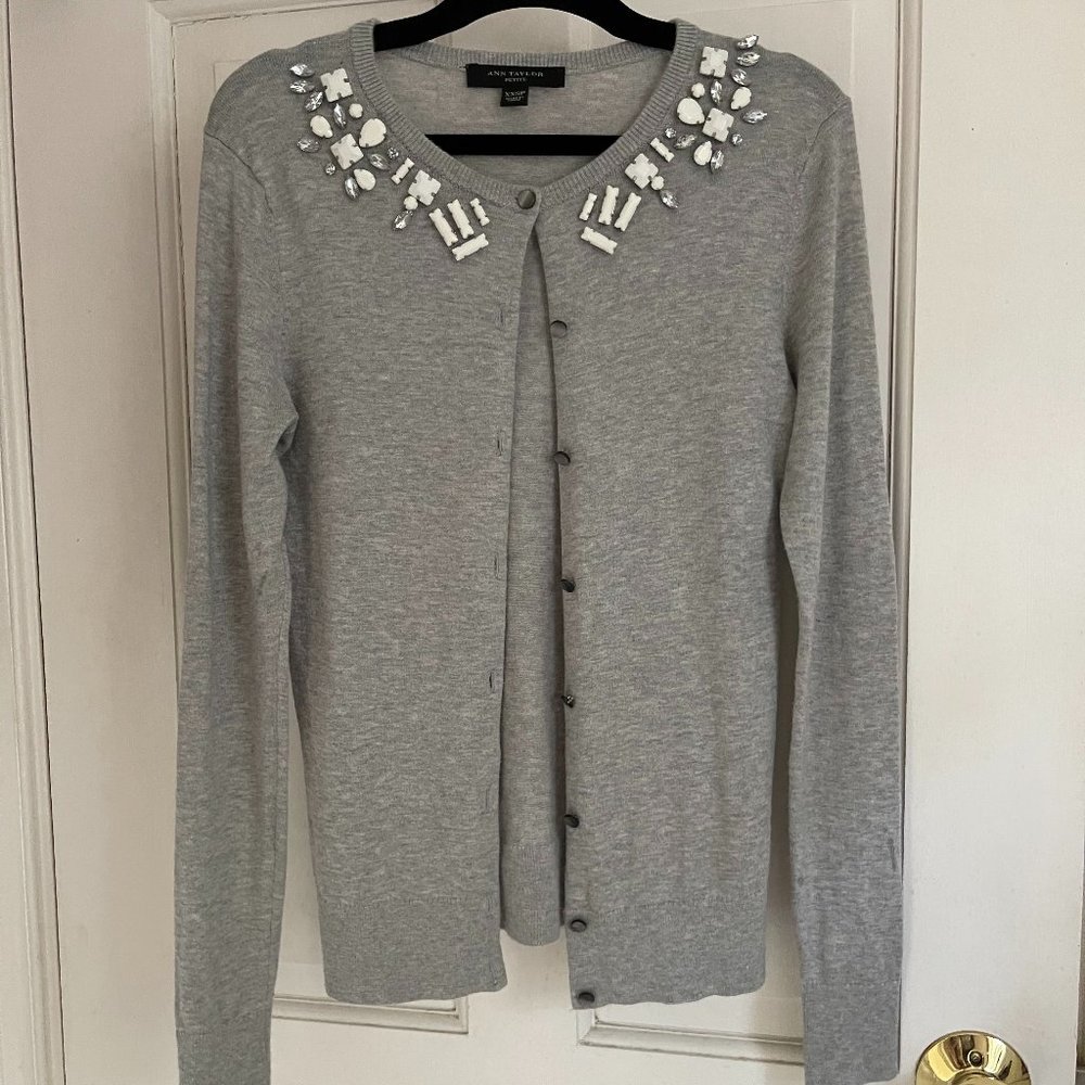 Ann Taylor Gray Cardigan with Embellishments Petite XXS